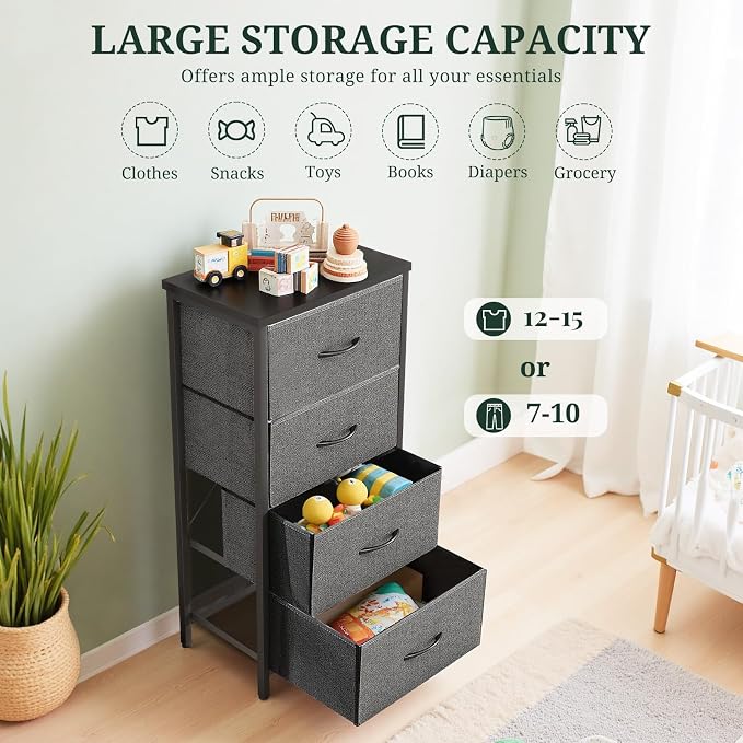 4 Drawers Dresser for Bedroom Fabric Storage Tower with Wooden Top | Steel Frame Tall Chest of Drawers for Closet, Entryway, Dorm, Gray