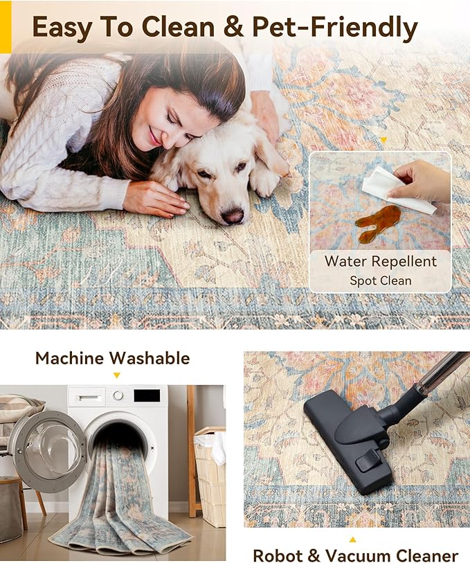 RELEANY Washable Area Rug, Square 4'x4', Blue/Orange/Red | Non-Slip, Water Repellent, Pet Friendly, Easy to Clean, Vintage Floral Boho Decor for Living Room Bedroom Entry Office