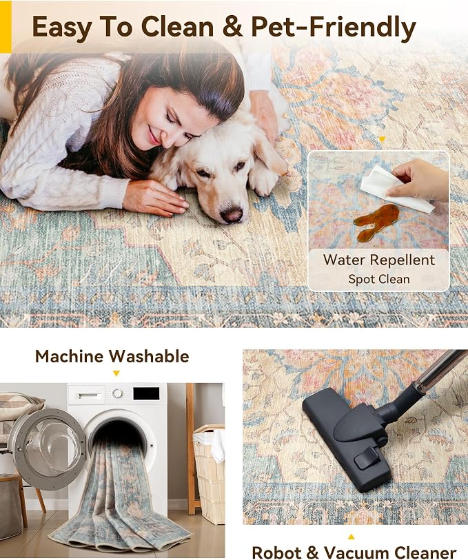 RELEANY Washable Area Rug, 8'x10', Blue/Orange/Red | Non-Slip, Water Repellent, Pet Friendly, Easy to Clean, Vintage Floral Boho Decor for Living Room Bedroom Dining Room