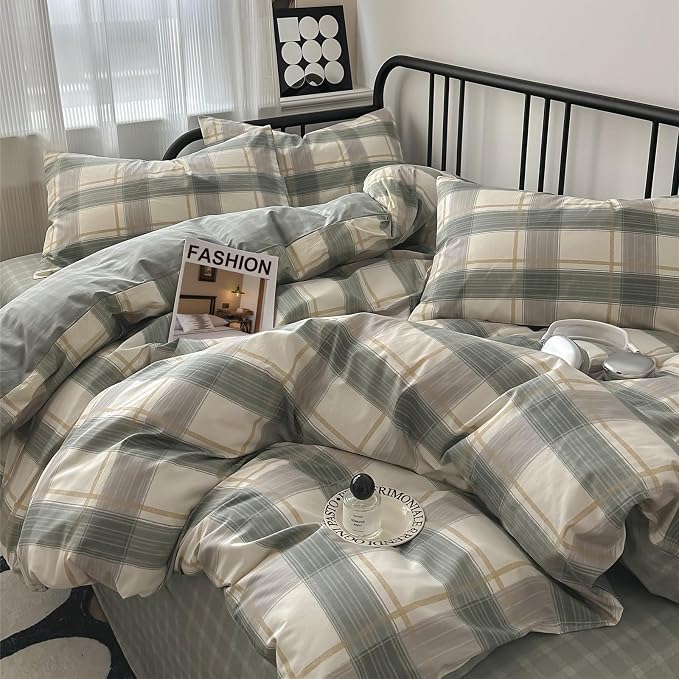 Plaid King Comforter Set Geometric Plaid Grid Comforter Set Fluffy Microfiber Bedding Comforter Farmhouse Checkered Comforter Set for All Season 3 Piece Plaid Bedding Comforter Set King Size Bed Set
