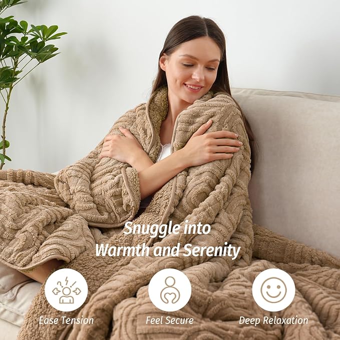 Fleece Weighted Blanket Queen 20 lbs, Brown Sherpa Heavy Blankets | 60" x 80", Adults Jacquard Knitted Throw for Better Sleep and Relaxing, Comfort Fluffy Cozy Warm Chunky Ultra Soft