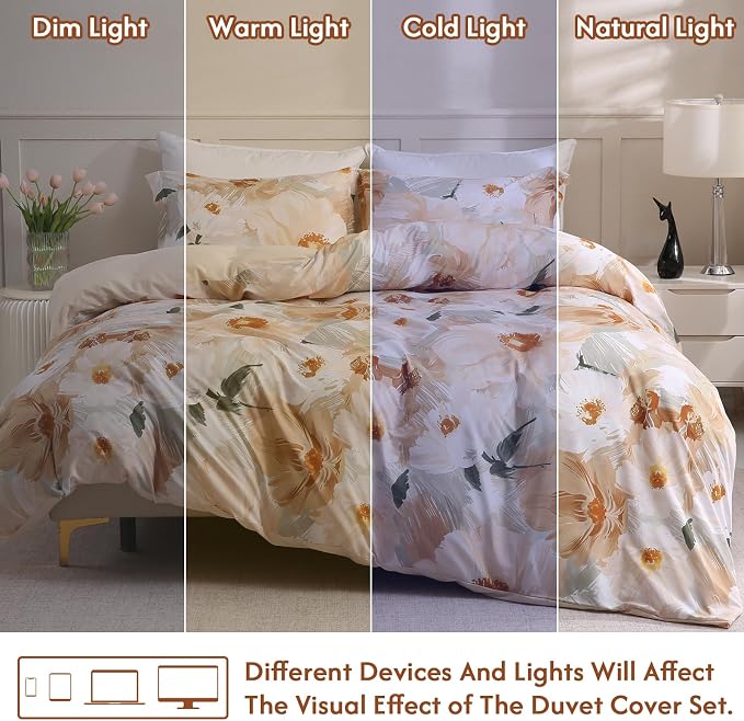 LONAVA King Flower 3 Pcs Duvet Cover Set, Breathable Soft Microfiber Biege Lining Comforter Cover with Zipper Closure, and 2 Anti-Pilling, Fade Resistant Pillowcases, Golden Flower