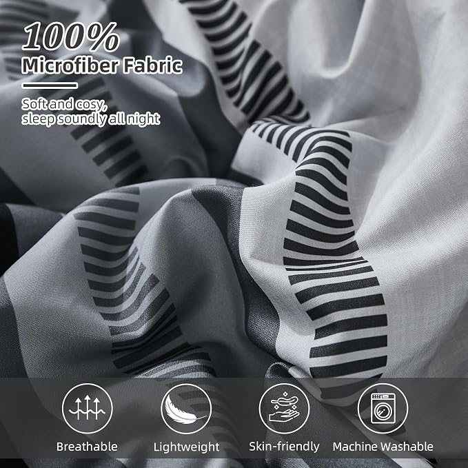Dobuyly Black Comforter Full Size Set 7 Pieces, Boho Striped Grey Bed in a Bag Full Soft Microfiber Bedding Set for Mens with Comforter, Sheets, Pillowcases & Shams All Season