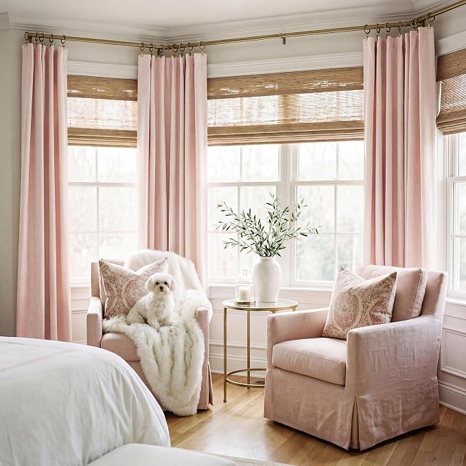 RYB HOME Pink 100%Blackout Linen Curtains for Girl's Room W52 x L84, Thermal Insulated &Privacy Assurd Curtains for Bedroom/Nursery/Living Room, Rod Pocket&Back Tab Drapes Boho Vintage Style, 2 Panels
