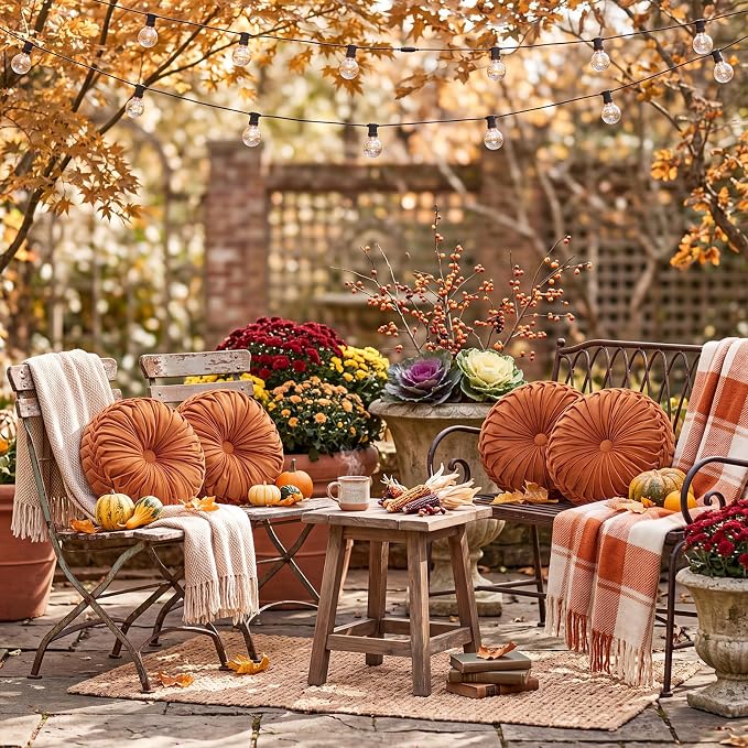 Kathfly 4 Pcs Decorative Round Pleated Throw Pillows, Classy Velvet Pumpkin Round Throw Pillows, Decorative Floor Pillow for Bed Chair Home Sofa Decor, 14" Diameter (Orange)