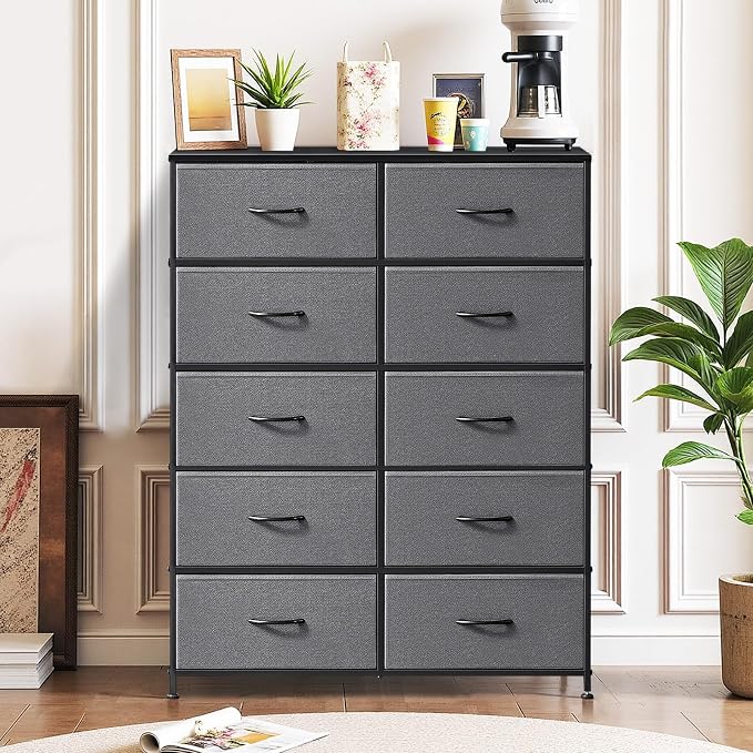 10-Drawer Dresser for Bedroom, Anti-Tip Tall Storage Organizer | Chest of Drawers with Wooden Top and Metal Frame Fabric Bins for Closet, Living Room, Hallway, Entryway, Gray