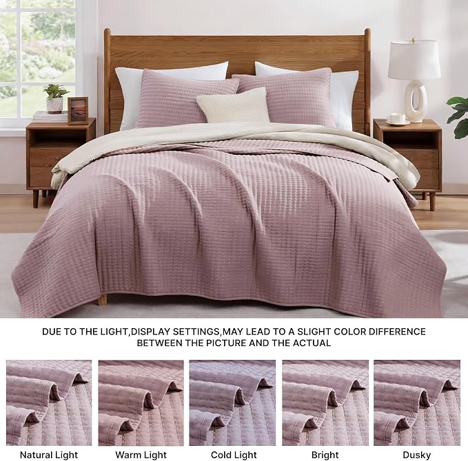King Size Quilt-Lightweight Bedspreads Dusty Mauve King Quilt Bedding Set | Soft Coverlet with 2 Pillow Shams for All Seasons, Suitable for Bed, Couch, 3 Pieces, 106"x94"