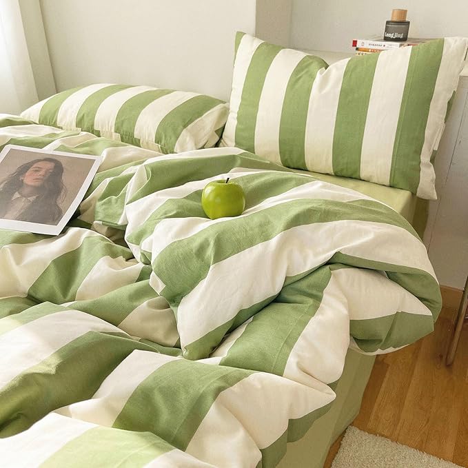 LifeTB Striped Comforter Set Queen Green White Stripes Pattern Printed Comforter 3 Pieces Lightweight Bedding Comforter with 2 Pillowcases Breathable Soft Comfy Farmhouse Striped Comforter Set