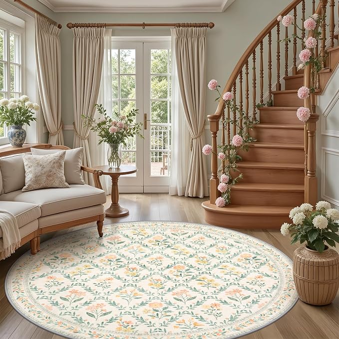 PLHXFR Round Area Rug Living Room: 8 ft Floral Washable Carpet Beige Multi | For Bedroom Dining Room Farmhouse Nursery Hallway,Vintage Floral,Machine washable,Non Slip,Stain Resistant,Large Indoor