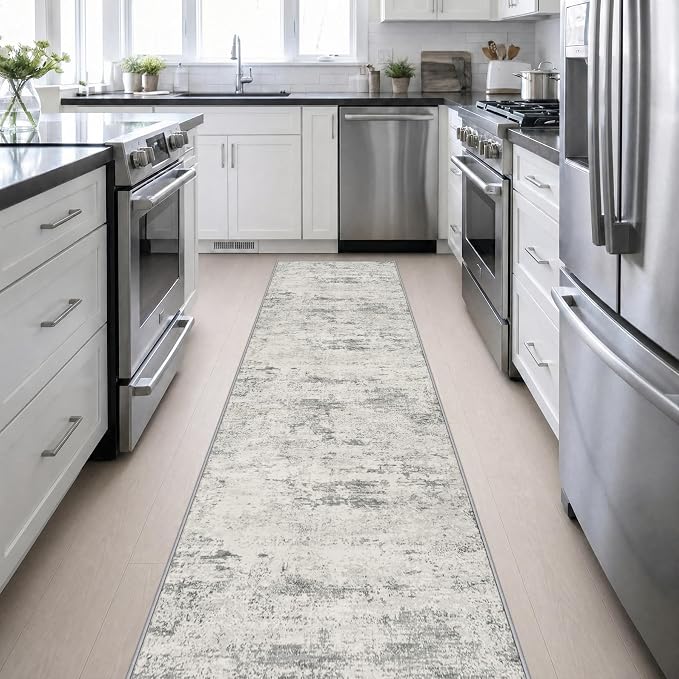 2.6x14 Washable Runner Rug:Modern Abstract Indoor Soft Carpet Gray | For Hallway, Bedroom, Kitchen, Laundry, Bathroom,Door Mat,Modern Abstract,Machine washable,Non-Slip,Stain Resistant,Indoor