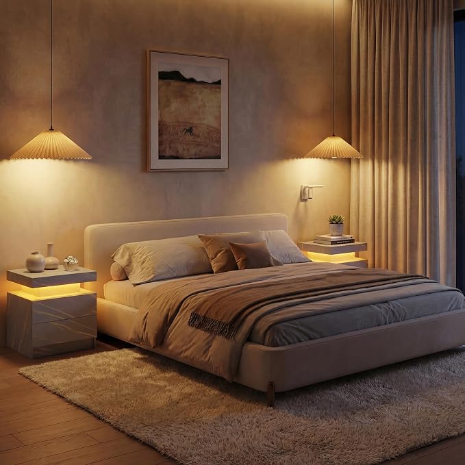 i-aplus Gray Modern LED Nightstand Set of 2 with 2 Wood Drawer for Bedroom | Nightstands with App-Controlled RGB LED Lights, Night Stand with Storgae Drawer, Modern Bedside Table for Bedroom