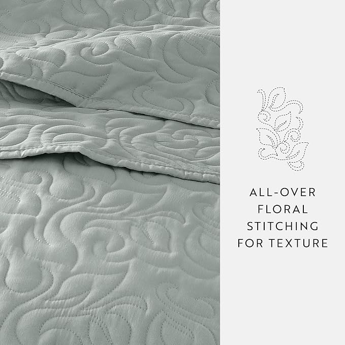 Merit Linens Modern Quilt Coverlet Soft Set in Floral Stitching - King/Cal-King Eucalyptus