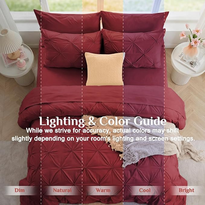 JOLLYVOGUE King Size Comforter Set 7 Pieces - Bed in a Bag King for All Season, Pintuck Bedding Comforter Sets with Comforter, Flat Sheet, Fitted Sheet and Pillowcases & Shams, Burgundy
