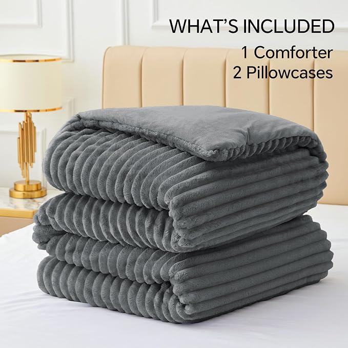 BEDELITE Fleece King Comforter Set, Fluffy Bed Set, Grey | Super Soft & Warm Bedding, Luxury Fuzzy Faux Fur Comforter for Winter, Heavy Plush Bedding, with 2 Pillowcases