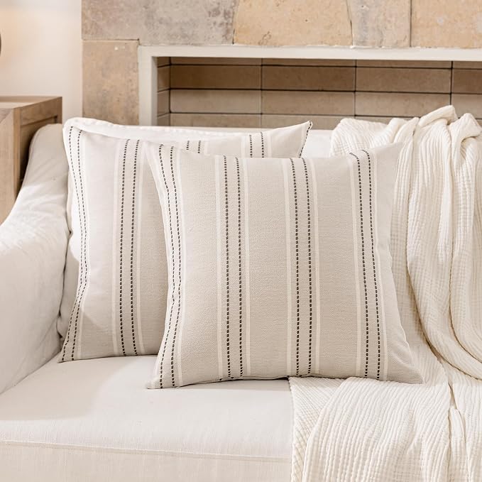 Hckot Striped Throw Pillow Covers 16x16 Set of 2 Charcoal Pillow Covers | Farmhouse Decorative Pillows Textured Linen Square Cushion Covers for Sofa Couch Bed Living Room Decor