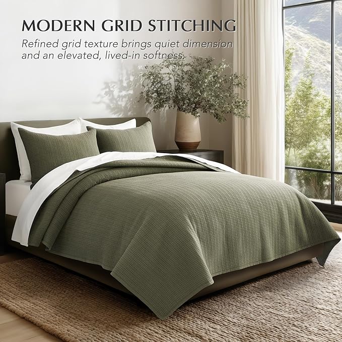 EverGrace 100% Cotton Modern Grid Stitch Quilt Set, King Size, Olive Green | Pre-Washed Cotton Coverlet Bedspread, Oversized Lightweight 3-Piece Bedding Set for All Season, with 2 Pillow Shams
