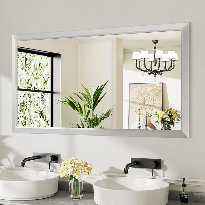 Bathroom Wall Mirror, Silver Brushed Nickel Metal Frame, 55x30 Inch | Anti-rust, HD tempered glass, for bathroom vanity, bedroom, living room, horizontal or vertical mount