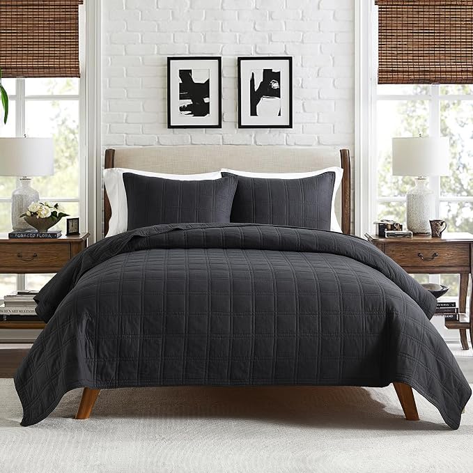 HORIMOTE HOME 100% Cotton Quilt Set King Size, Charcoal Pre-Washed Bedspreads Coverlet Set in Geometric Pattern, Cozy Lightweight Stitching Decorative Bedding Cover with 2 Shams for All Season