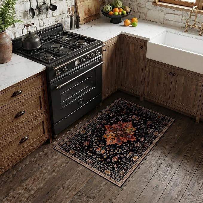 RELEANY Washable Area Rug, Small 2'x3', Black/Colorful | Non-Slip, Water Repellent, Pet Friendly, Easy to Clean, Vintage Floral Boho Decor for Kitchen Entryway Bathroom