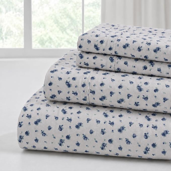 Modern Threads 3-Piece Ultra Soft Microfiber Bed Sheets Set, Wrinkle Free Sheets with Deep Pockets Fitted Sheet, Flat Sheet & Pillowcases, Lightweight Breathable Bedding, Blue Roses, Twin