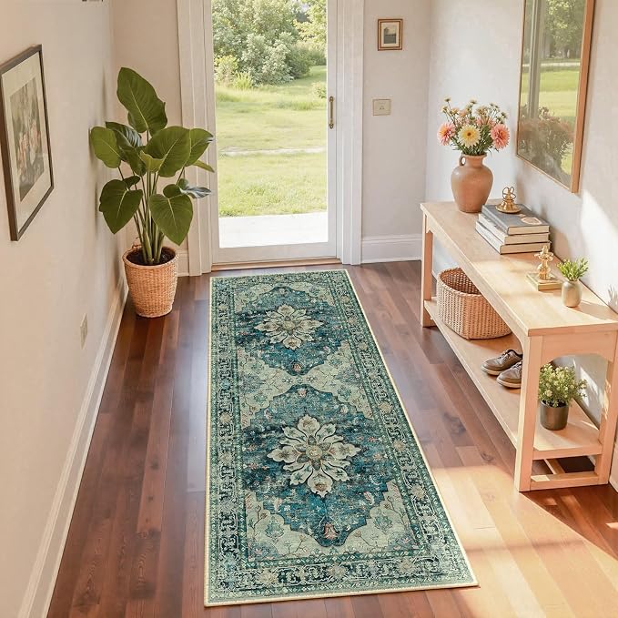 RELEANY Washable Area Rug, Runner 2'x6', Blue/Vintage Dark Blue | Non-Slip, Water Repellent, Pet Friendly, Easy to Clean, Vintage Floral Boho Decor for Kitchen Entry Bedroom Bedside Laundry