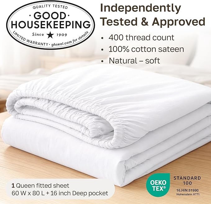California Design Den 100% Cotton Sateen Deep Pocket Queen Fitted Sheets | 400 Thread Count Backed by Good Housekeeping Seal, 16" Deep Pocket, All-Around Elastic, No-Pop Fit, Durable, OEKO-TEX - Ivory