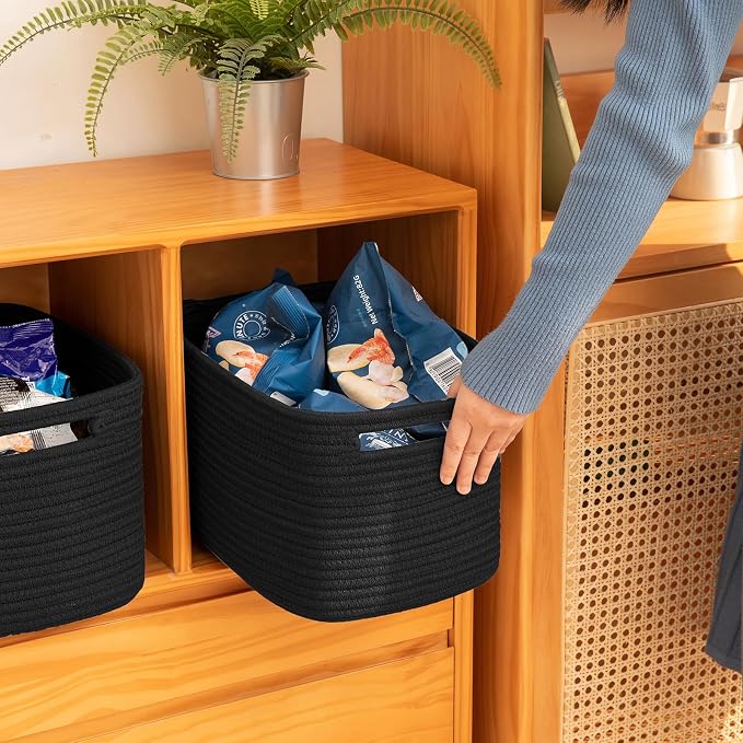 OIAHOMY 4 Pack Storage Baskets for Organizing 15L Cube Storage Bins Black | Woven Baskets for Storage Rectangle Small Baskets With Handles Baskets for Shelves Wicker Baskets for Shelves 12.7x9x7.8inch