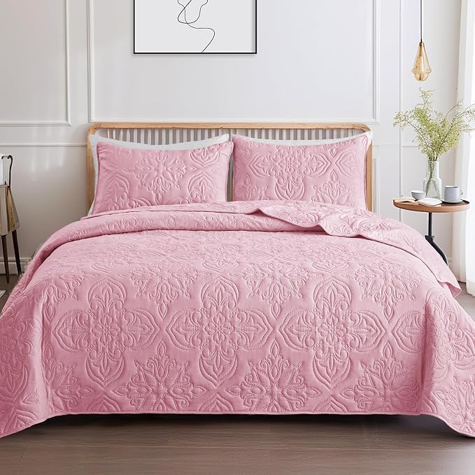 Whale Flotilla Twin Quilt Bedding Set Vintage Damask Reversible Bedspread | Suitable for Bed, 2 Pieces Pink Lightweight Breathable Quilts Twin Size, Ultrasonic Coverlet Bed Cover with 1 Pillow Sham