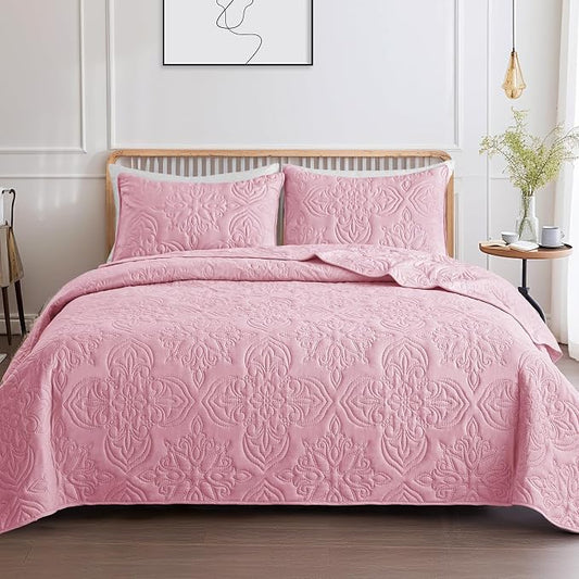 Whale Flotilla Twin Quilt Bedding Set Vintage Damask Reversible Bedspread | Suitable for Bed, 2 Pieces Pink Lightweight Breathable Quilts Twin Size, Ultrasonic Coverlet Bed Cover with 1 Pillow Sham