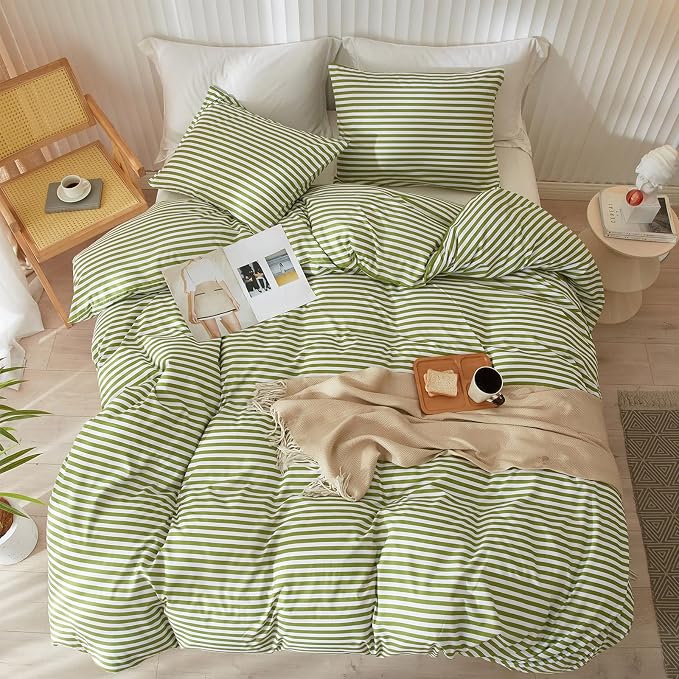 LifeTB King Size Comforter Set Modern Striped Comforter Set King Green White Stripes Pattern Comforter 3 Pieces Lightweight Bedding Comforter Set Boho Stripe Soft Fluffy Comforter with 2 Pillowcases