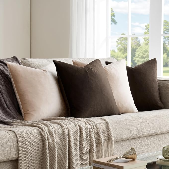 GIGIZAZA Pack of 4 Decorative Velvet Pillow Covers 16x16 Brown Beige | Throw Pillows for Couch Sofa,280gsm Soft Textured Fabric,Modern Accent Pillowcases,Luxury Living Room Cushion Covers
