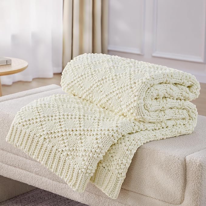 Anysay Knitted Weighted Blanket for Adult, Chunky Knit Throw 40''*60'' 7lbs | Cooling Weighted Blanket for Sleep Breathable Machine Washable Fall Heavy Blanket for Room Decor(Ivory White)