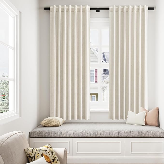 100% Blackout Curtains 45 Inch Length 2 Panels Set for Living Room Bedroom Back Tab Thermal Insulated Black Out Linen Drapes Room Darkening Window Curtains 45 Inches Long