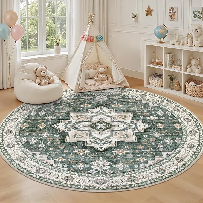 Round Area Rug for Living Room: 4ft Boho Washable Rug Green Ivory | Vintage Boho Soft Round Rug Indoor Floor No Slip Carpet Stain Resistant Rugs for Bedroom Dining Room Nursery Home Office