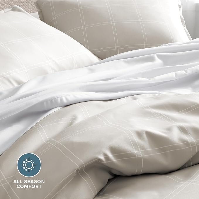 Bare Home Duvet Cover Set (King, Modern Plaid - Stone/White) | 1800 Ultra-Soft, Lightweight, Cooling, Breathable, Premium, All-Season
