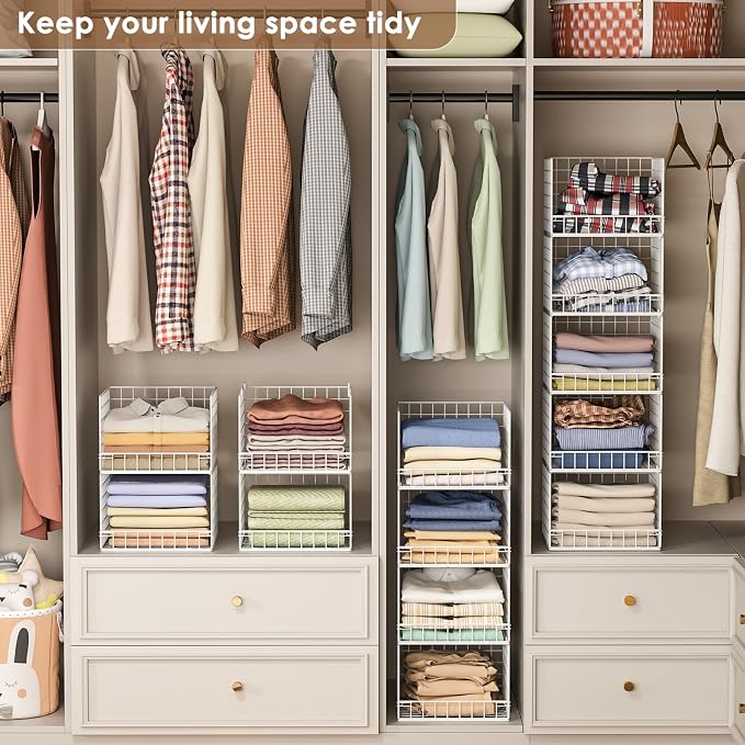 6-Tier Stackable Closet Organizers and Storage Baskets, Closet Shelf Organizer for Small Space, Space-Saving closet organizer system, Foldable Clothes Storage Bins for Closet Organizer System, White
