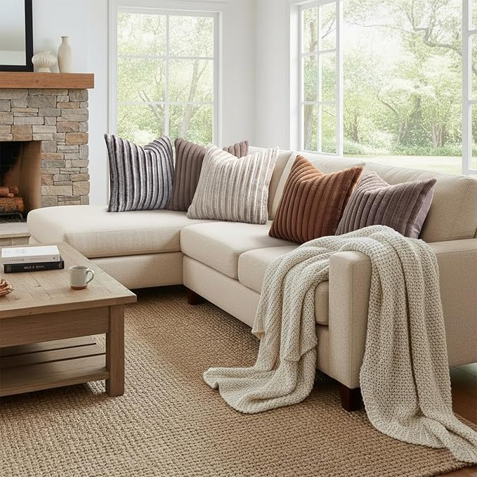 decorUhome Fall Faux Fur Throw Pillow Covers 20x20 Set of 2 Beige White | Decorative Soft Cozy Striped Plush Modern Farmhouse Boho Couch Pillow Cases Velvet Back for Sofa Bed Living Room Home Decor