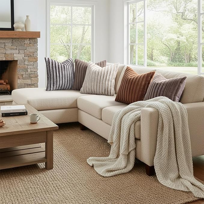 decorUhome Fall Faux Fur Throw Pillow Covers 16x16 Set of 2 Brown | Decorative Soft Cozy Striped Plush Modern Farmhouse Boho Couch Pillow Cases Velvet Back for Sofa Bed Living Room Home Decor