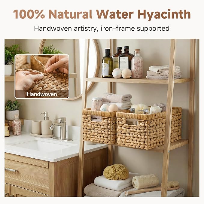 StorageWorks Wicker Basket, Baskets for Organizing, Storage Basket with Built-in Handles, Water Hyacinth Shelves (Medium 4-Pack, Natural Hyacinth)