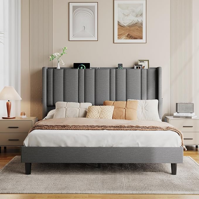 ONBRILL Queen Size Headboard with Storage, LED Light, Grey | Linen Vertical Wingback Headboard w/ Charging Station, Upholstered Head Board w/ High-Density Foam Padding, 2 Storage Pockets