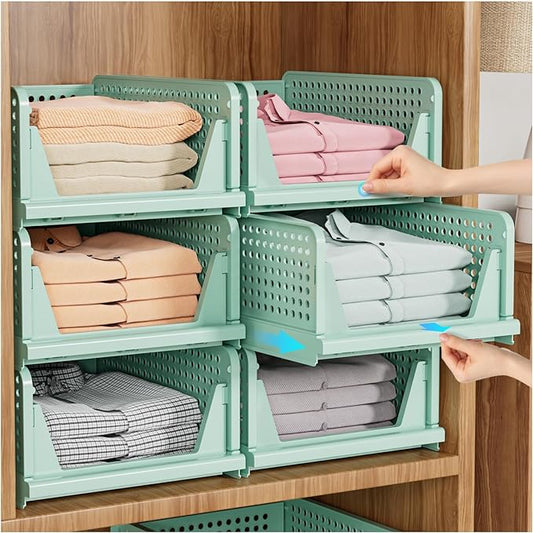 SNSLXH 5 Pack Closet Organizer Basket, Closet Organizers and Storage, Green | Stackable & Foldable Closet Storage Bins for Bathroom Laundry Room Wardrobe Storage, Space-Saving Clothes Drawer Organizer