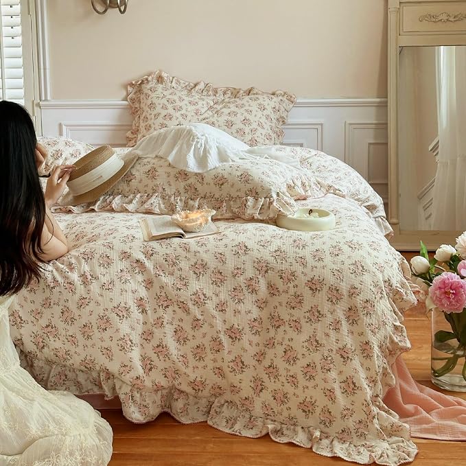 Muslin Duvet Cover Full for Kids Adults Elegant Pink Floral Duvet Covers with Ruffles Soft Breathable Comforter Cover Quilted Cover for Women Girls, 79"x90", No Pillow Cases