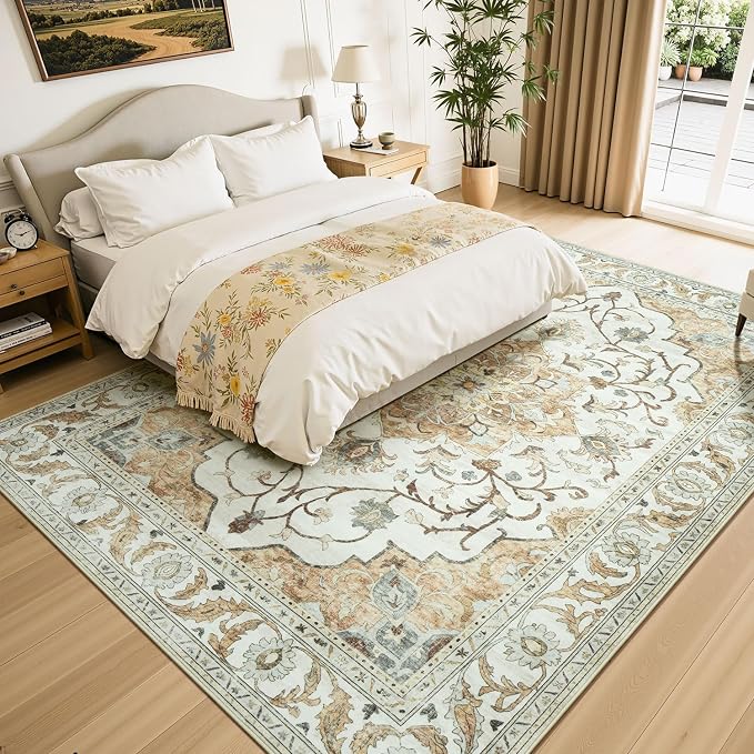 Area Rugs 8x10 for Living Room,Large Washable Carpet Light Beige | Boho & Vintage,Non Slip Backing,Works With All Vacuums,0.25inch Low Pile for Bedroom Dining Room Home Office,Family Friendly
