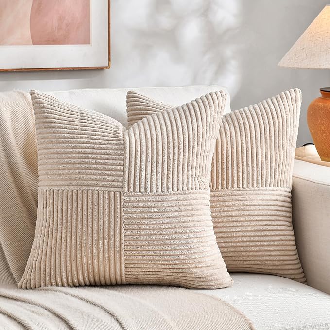 Fancy Homi 2 Packs Tan Samll Decorative Throw Pillow Covers 14x14 Inch with for Couch Bed Sofa, Rustic Farmhouse Boho Home Decor, Soft Corss Patchwork Corduroy Square Beige Cushion Case 35x35 cm