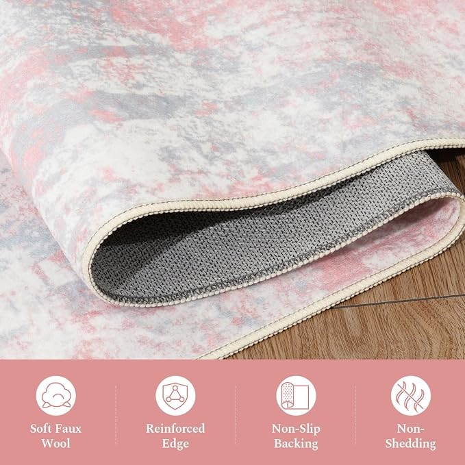 Rugflix 8x10 Area Rugs for Bedroom, Washable Pink Large Rug | Machine Washable; Stain-Resistant; Low Pile; Non-Slip; Modern Abstract; Carpet for Nursery Girls Room Living Office Home