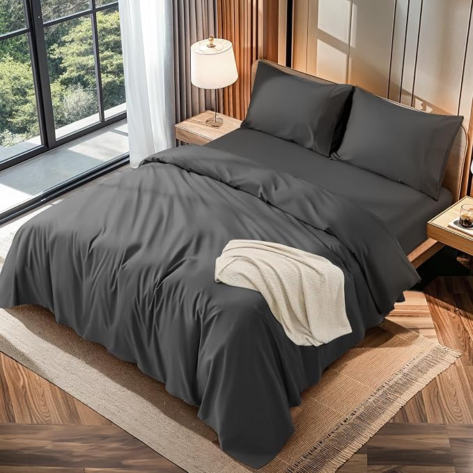 LBRO2M 100% Egyptian Cotton Sheets 1200 TC, Deep Pocket 16", 4Pcs, King | Long Staple Cotton Bed Sheets, Extra Soft and Breathable Sheets, Cozy for All Seasons, Black