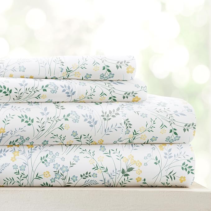 Linen Market Double-Brushed Patterned Microfiber Full Sheet Set 4 Piece – Oeko-TEX Certified Ultra Soft & Wrinkle-Free - 16" Deep Pocket Sheets - Easy Care Full Size - Wildflower Light Blue