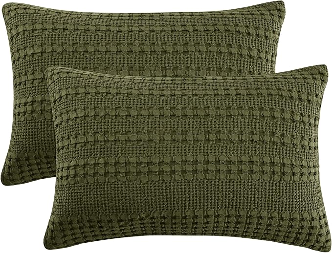 PHF 100% Cotton Waffle Pillow Shams Queen Size, 2 Pack 20" x 30" Soft Skin-Friendly Pillowcases, No Filling, Aesthetic Woven and Breathable Waffle Weave Pillow Case Covers for Bed, Capulet Olive