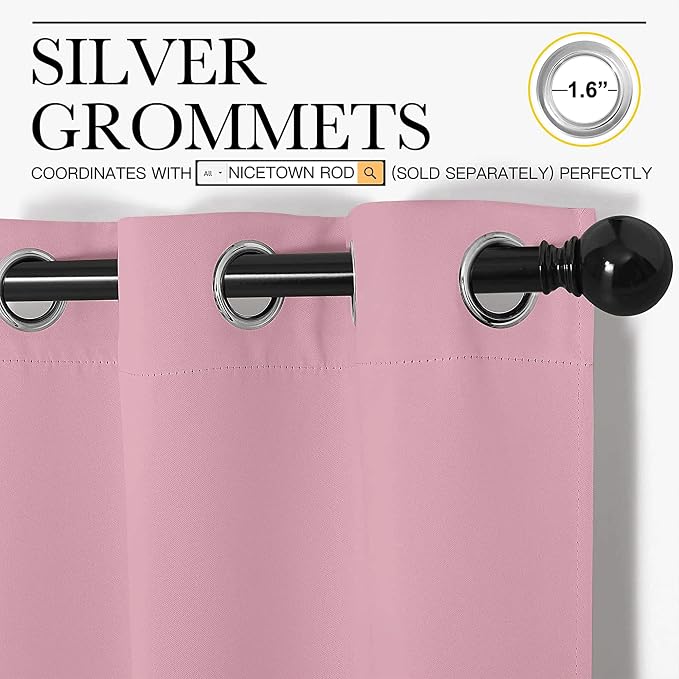 NICETOWN Window Curtain Panels, 1 Pair, 34 by 54-inch, Crystal Pink | Thermal Insulated Solid Grommet Blackout Draperies/Drapes for Basement