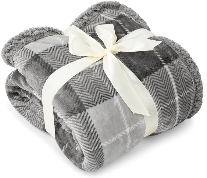 PAVILIA Twin Plaid Sherpa Throw Blanket for Couch Sofa Bed Light Grey 60x80 | GSM 460; Soft Plush Flannel Fleece; Warm&Cozy for Home; Machine Washable, Perfect Cabin Decor Winter Holiday Christmas Gift